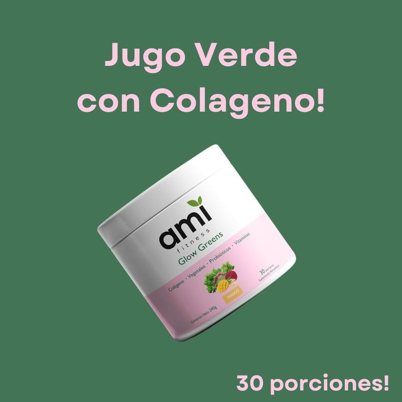 Polvo verde con colágeno Ami Fitness Glow Greens en envase rosa y blanco.