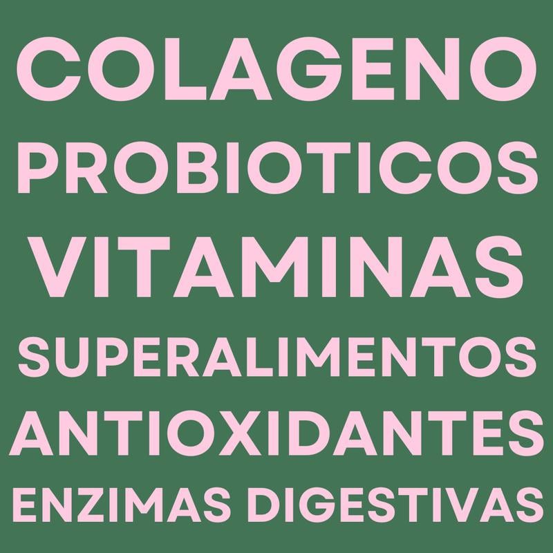 Polvo verde con colágeno, probióticos, vitaminas, superalimentos, antioxidantes y enzimas digestivas.
