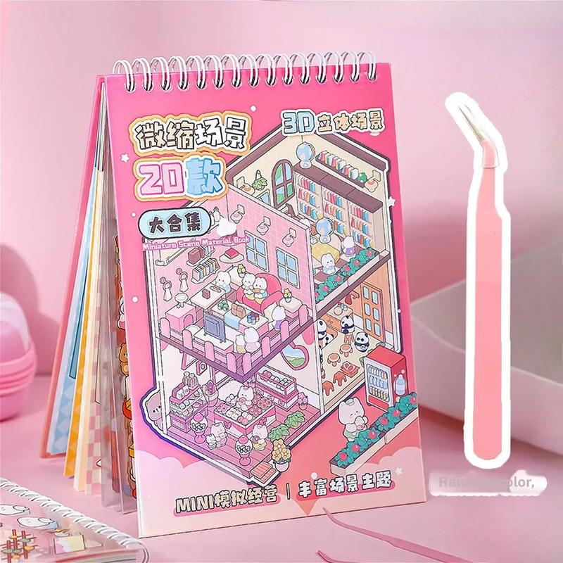 Miniature 3D scene book with pink cover and cartoon illustrations, spiral bound, with small plastic tool on pink surface.
