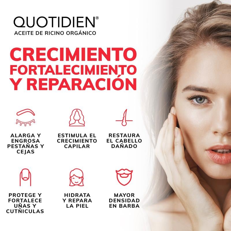 Mujer con cabello saludable tocándose la cara con texto en español sobre aceite de ricino orgánico.