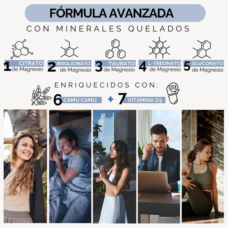 Magnesio Complex 5 de OBY con 5 formas de magnesio quelado citrato, bisglicinato, taurato, L-treonato, gluconato y nutrientes adicionales como camu camu y vitamina D3.