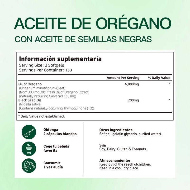 Aceite de orégano con aceite de semilla negra etiqueta de información suplementaria con cantidades por porción.