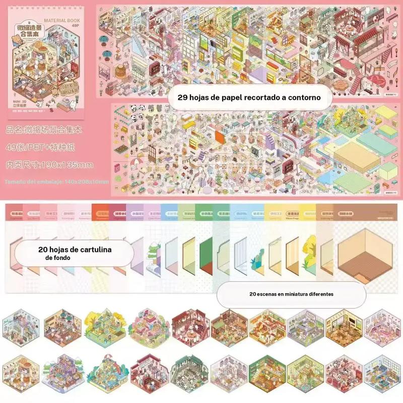 Colección de 20 escenas en miniatura 3D DIY con pinzas, fondos de cartulina y 29 hojas de papel recortado a contorno.