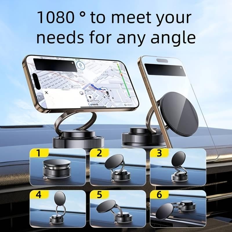 Vacuum suction phone mount with foldable arm on car dashboard, holding two smartphones.