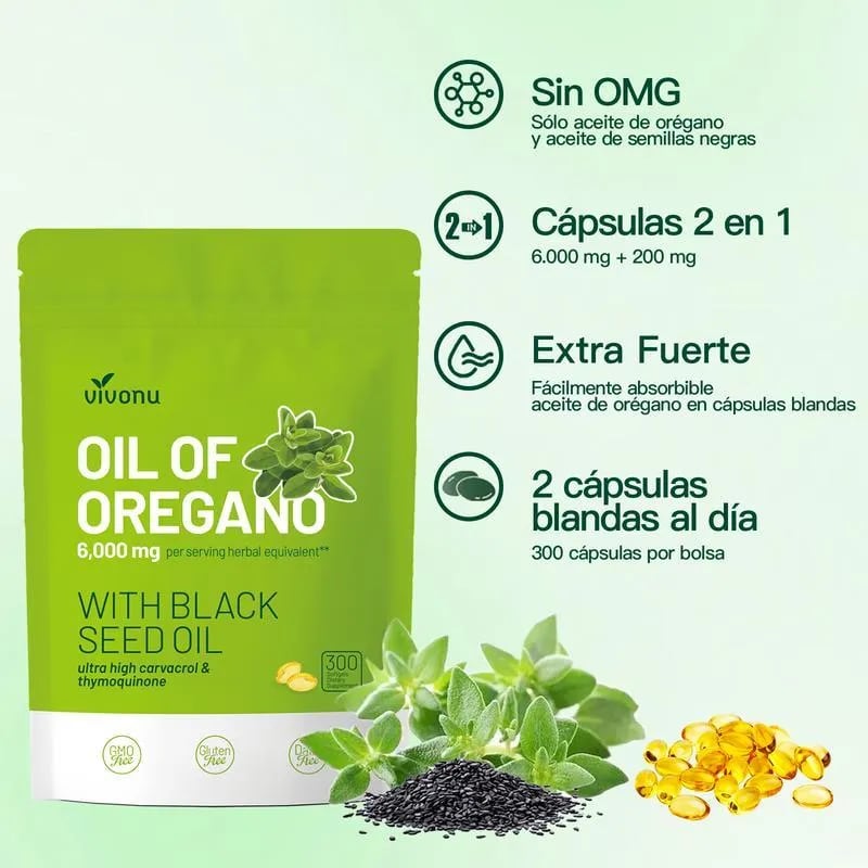 Aceite de orégano 6000 mg con semilla negra 200 mg, 300 cápsulas blandas en bolsa verde con información nutricional y vegetal.
