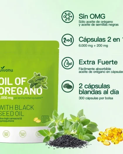 Aceite de Orégano 300 Cápsulas con Aceite de Semilla Negra