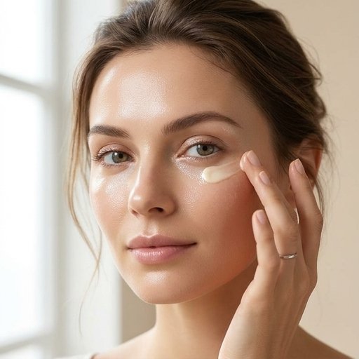 Mujer aplicando crema de ojos suavemente en el contorno con la yema del dedo, piel hidratada y luminosa